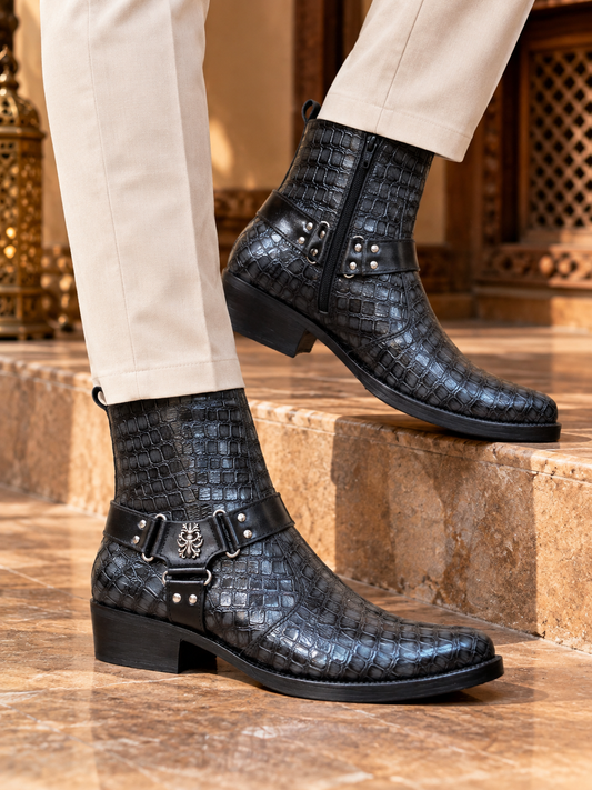 Royal Noir Crocodile-Texture Leather Ankle Boots