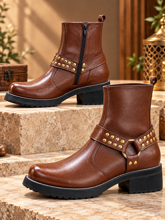 Royal Cognac Studded Leather Ankle Boots