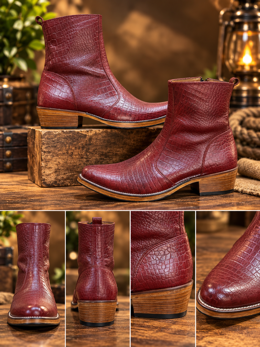Royal Burgundy Crocodile-Texture Leather Ankle Boots