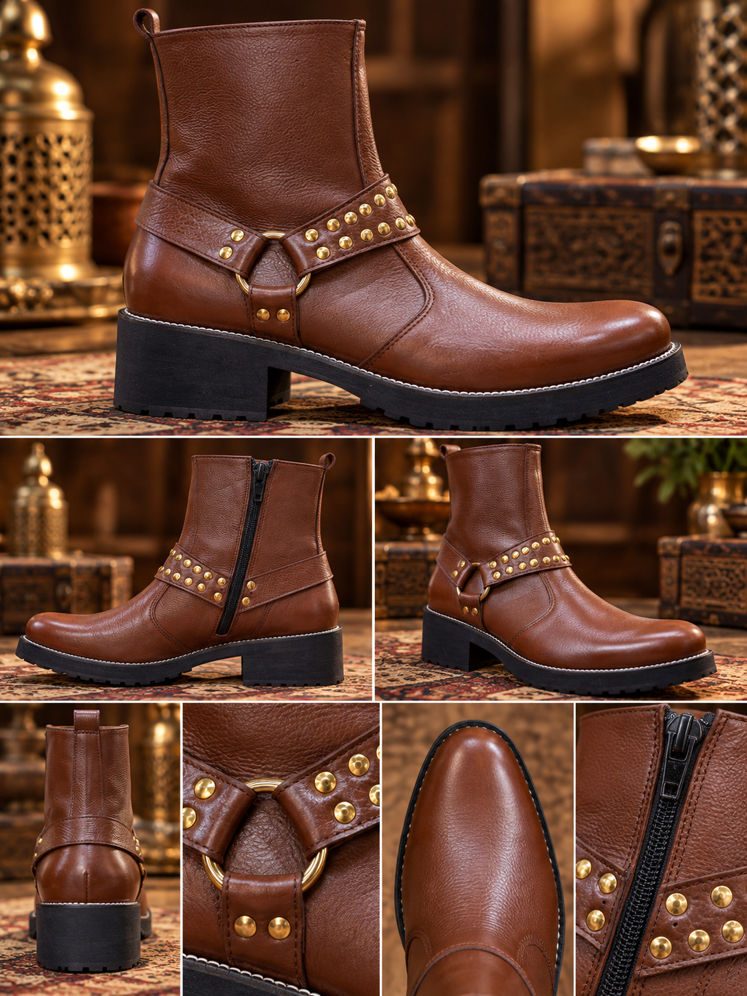Royal Cognac Studded Leather Ankle Boots