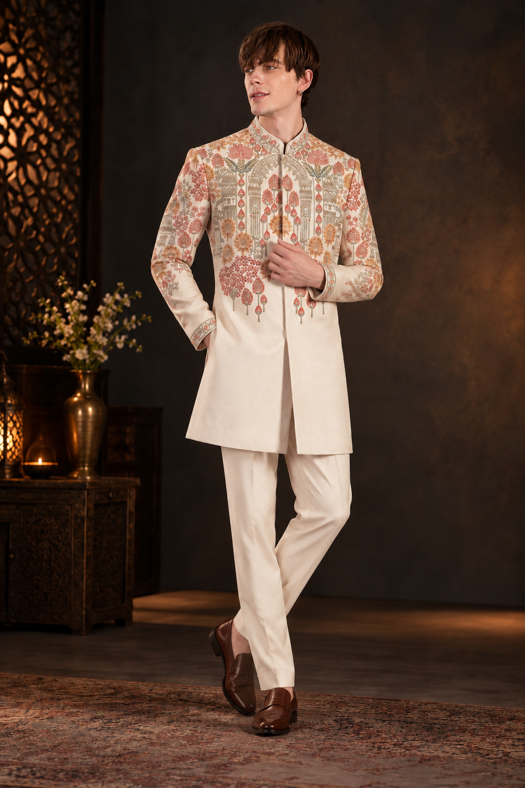 Ivory Royal Bloom Embroidered Indo-Western Set for Men