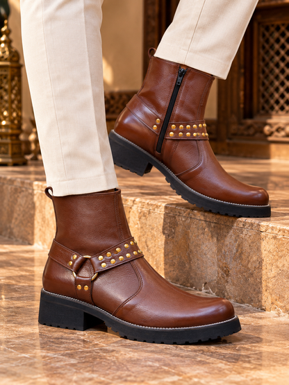 Royal Cognac Studded Leather Ankle Boots