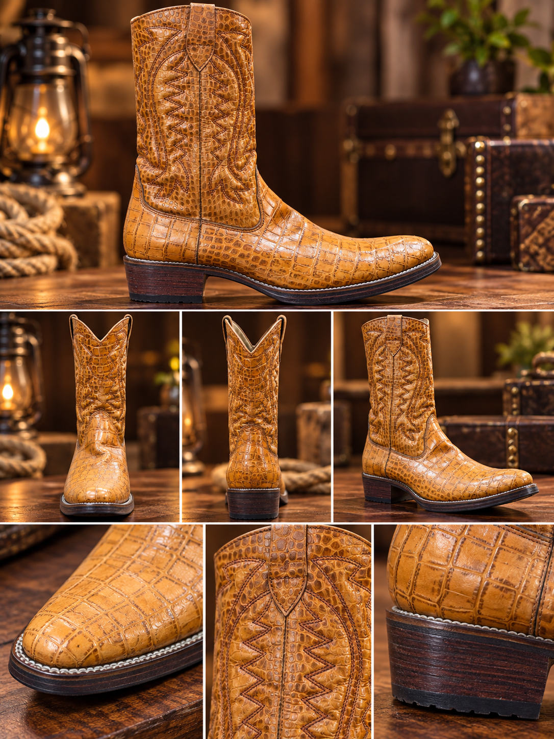 Heritage Cognac Crocodile-Texture Western Boots