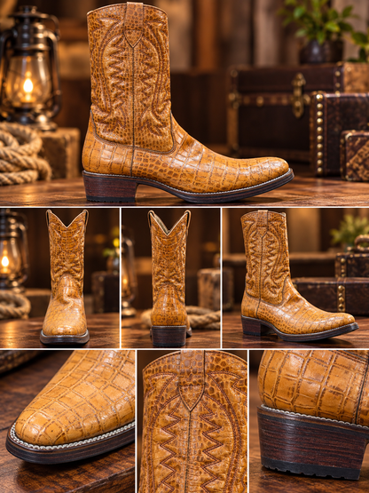 Heritage Cognac Crocodile-Texture Western Boots