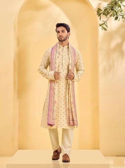 The Royal Cream Floral Kurta with Artisan Stole
