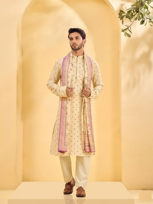 The Royal Cream Floral Kurta with Artisan Stole