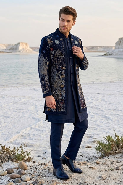 Royal Black Embroidered Indo-Western Sherwani