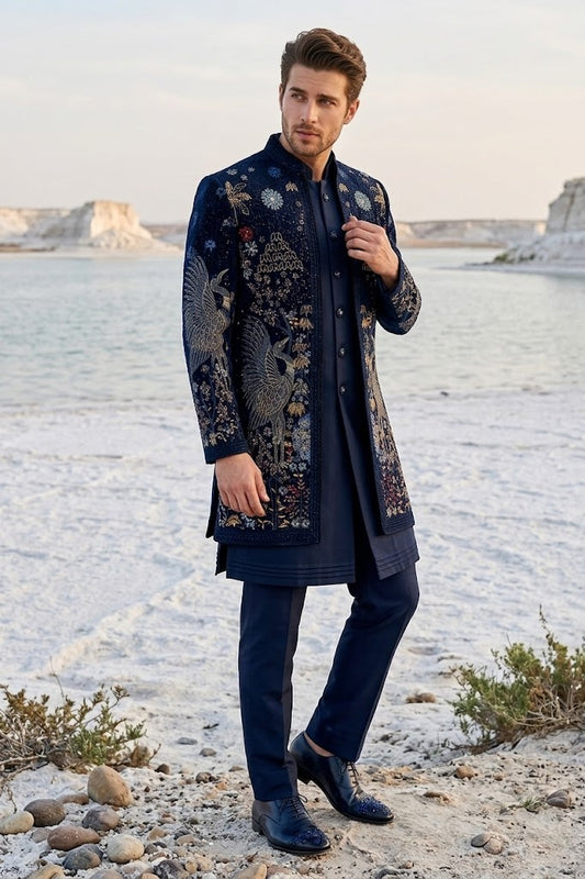 Royal Black Embroidered Indo-Western Sherwani