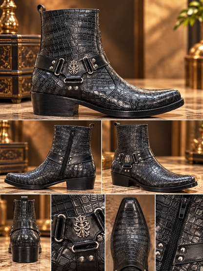 Royal Noir Crocodile-Texture Leather Ankle Boots