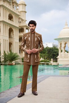 Royal Mocha Heritage Embroidered Indo-Western Set for Men