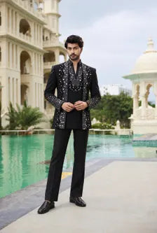 Black Crystal Mirage Designer Indo-Western Jacket Set for Men Product Description