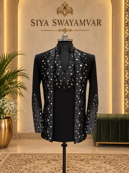 Black Crystal Mirage Designer Indo-Western Jacket Set for Men Product Description