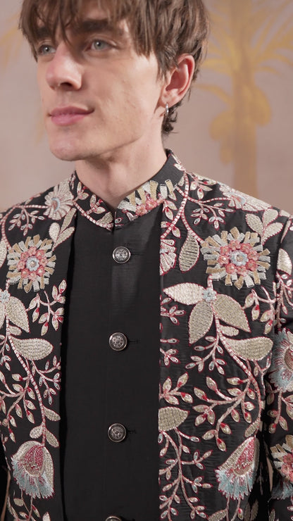BLACK INTRICATELY FLORAL EMBROIDERY INDOWESTERN SET