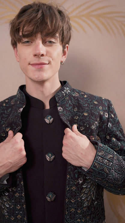 GARNET WINE PEACOCK EMBROIDERED INDO-WESTERN