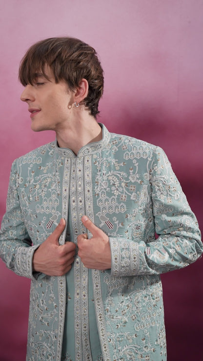 SKY BLUE EMBROIDERED INDO-WESTERN WITH INTRICATE DETAILING