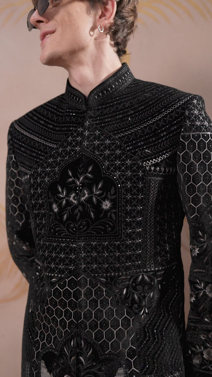 REGAL BLACK EMBROIDERED SHERWANI WITH INTRICATE DETAILING