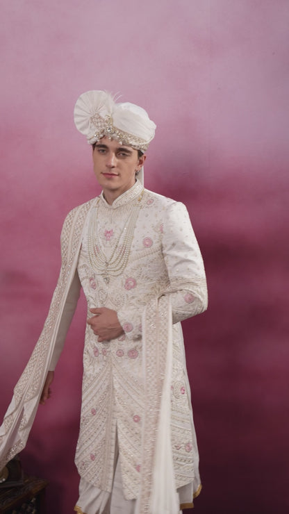 IVORY WHITE EMBROIDERY AND HANDWORK SHERWANI FOR GROOM