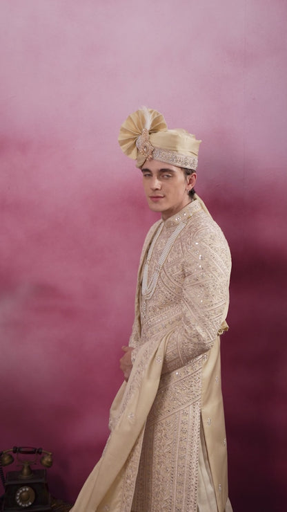 GOLDEN BEIGE HAND MIRROR WORK SHERWANI FOR GROOM