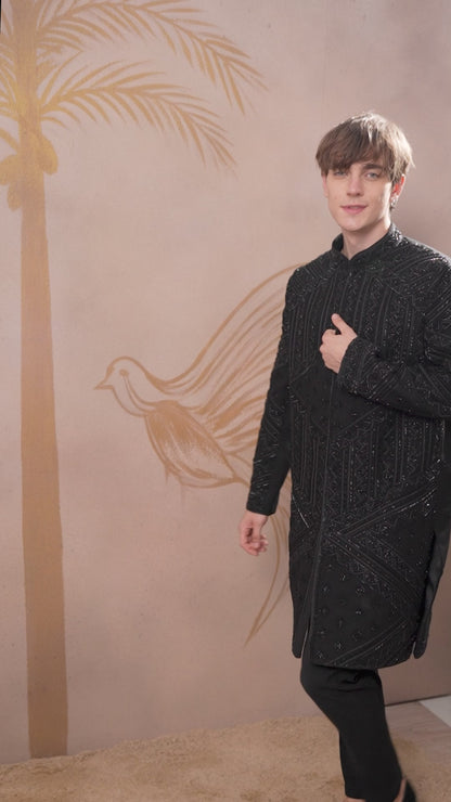 ELEGANT BLACK SHERWANI WITH GEOMETRIC BEAD EMBROIDERY WORK