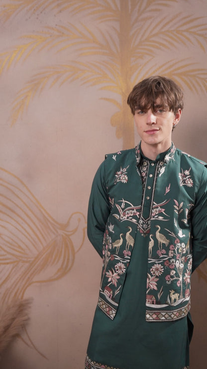 EMERALD GREEN EMBROIDERY NEHRU JACKET KURTA SET