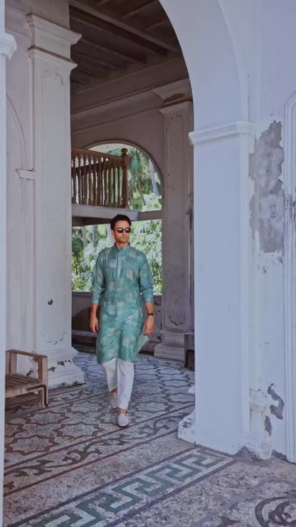Aqua Royale Linen Silk Mirror Kurta Set