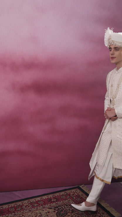PRISTINE WHITE EMBROIDERY SHERWANI FOR GROOM
