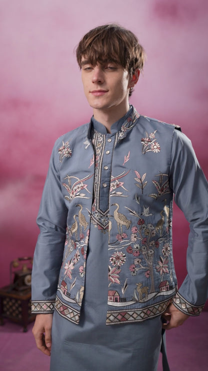 GRACE YELLOW EMBROIDERY NEHRU JACKET KURTA SET