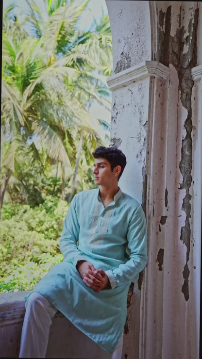 Aqua Heritage Linen Silk Kurta Set