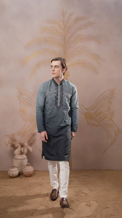 GREY MIRROR NECK WORK OMBRE KURTA SET
