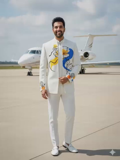 Floral Symphony Bandhgala (WHITE WITH YELLOW+BLUE PAINT)
