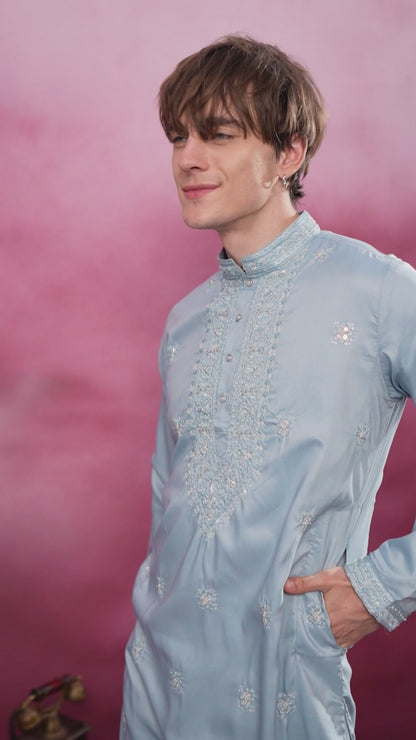 SKY BLUE NECK WORK KURTA SET