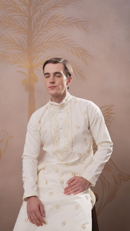 OFF WHITE NECK WORK KURTA SET