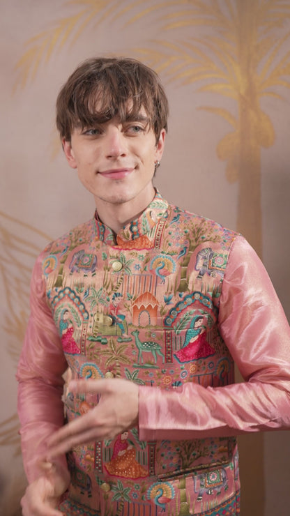 BLUSH PINK KURTA SET WITH MULTICOLOUR JEKARD NEHRU JACKET