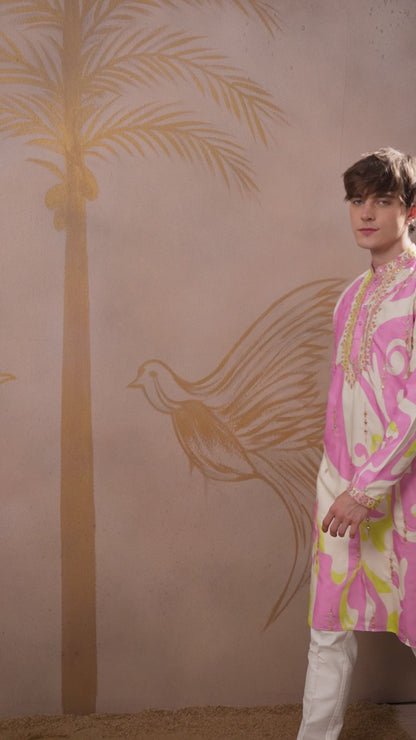 ROSE PINK ABSTRACT PRINT AND EMBROIDERY WORK KURTA SET
